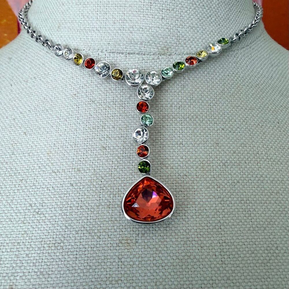 Swarovski Multicolor Crystal Orange Teardrop Y Drop Necklace